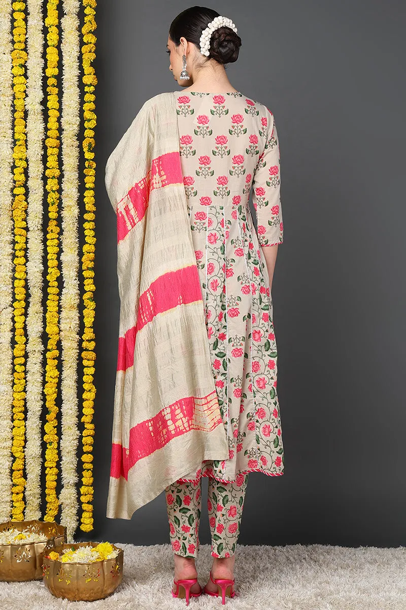 Beige Pure Cotton Floral Yoke Design Flared Suit Set